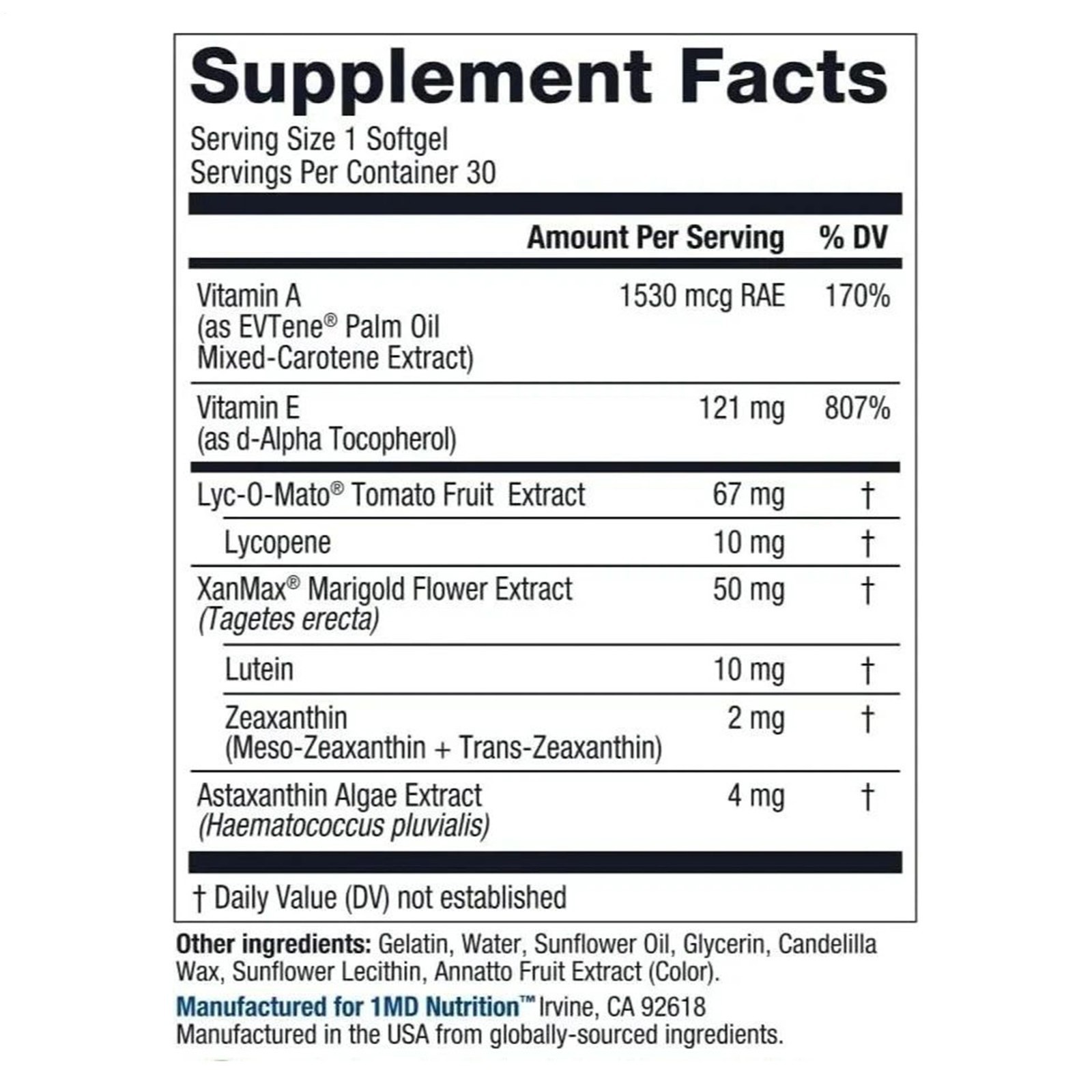 Nutrition 1MD Vision Vitamin Eye MD CARMIS Eye Supplement 30 Softgels New