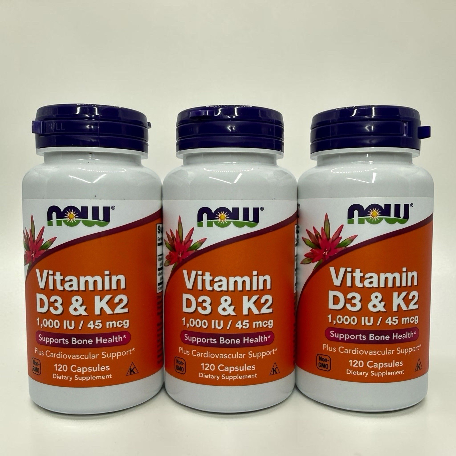 NOW Vitamin D-3 & K-2 1000 IU 45mcg 120 Caps Per Bottle (3 Bottles) EXP: 2/29
