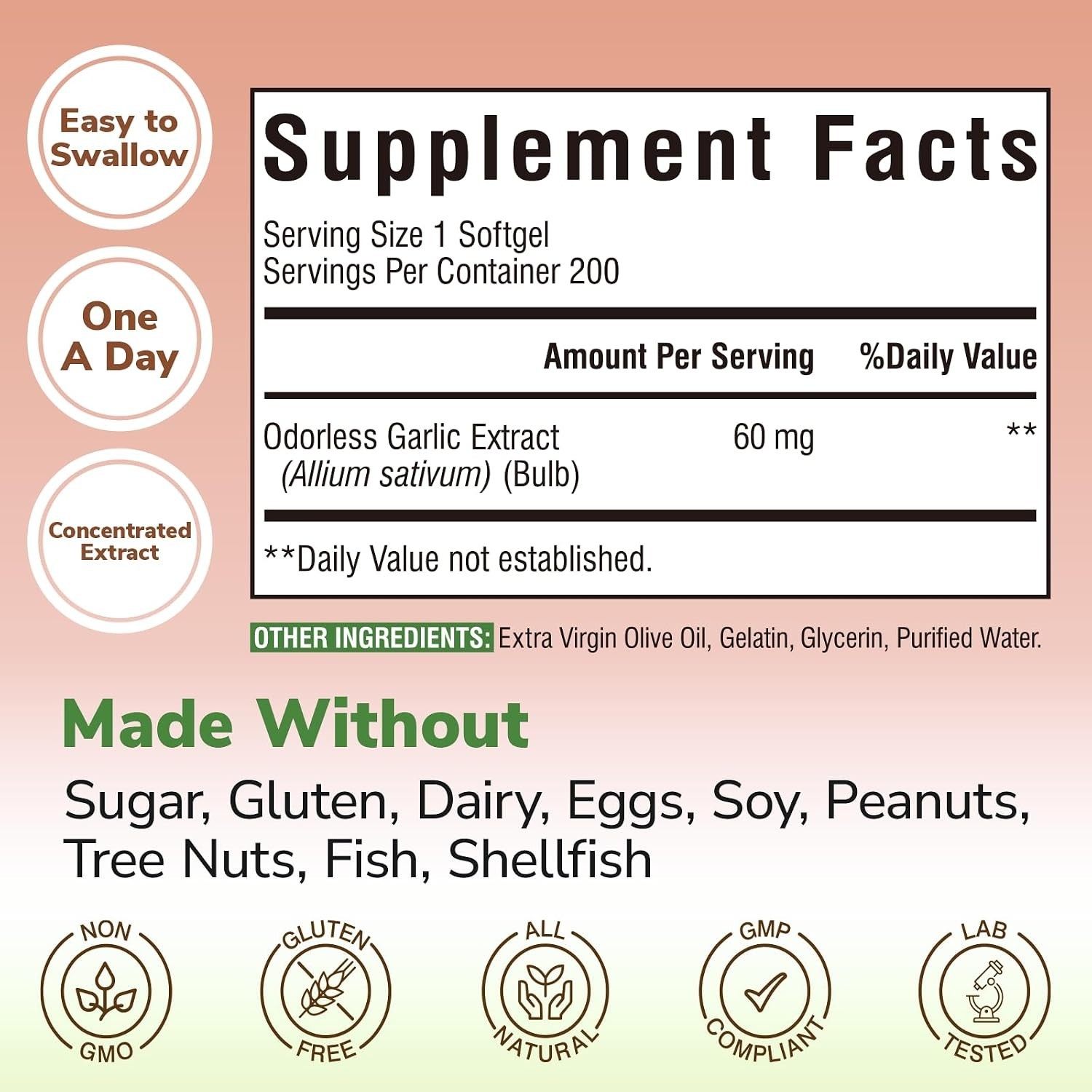 Odorless Garlic Oil Softgels 200 Count Non-GMO Gluten Free