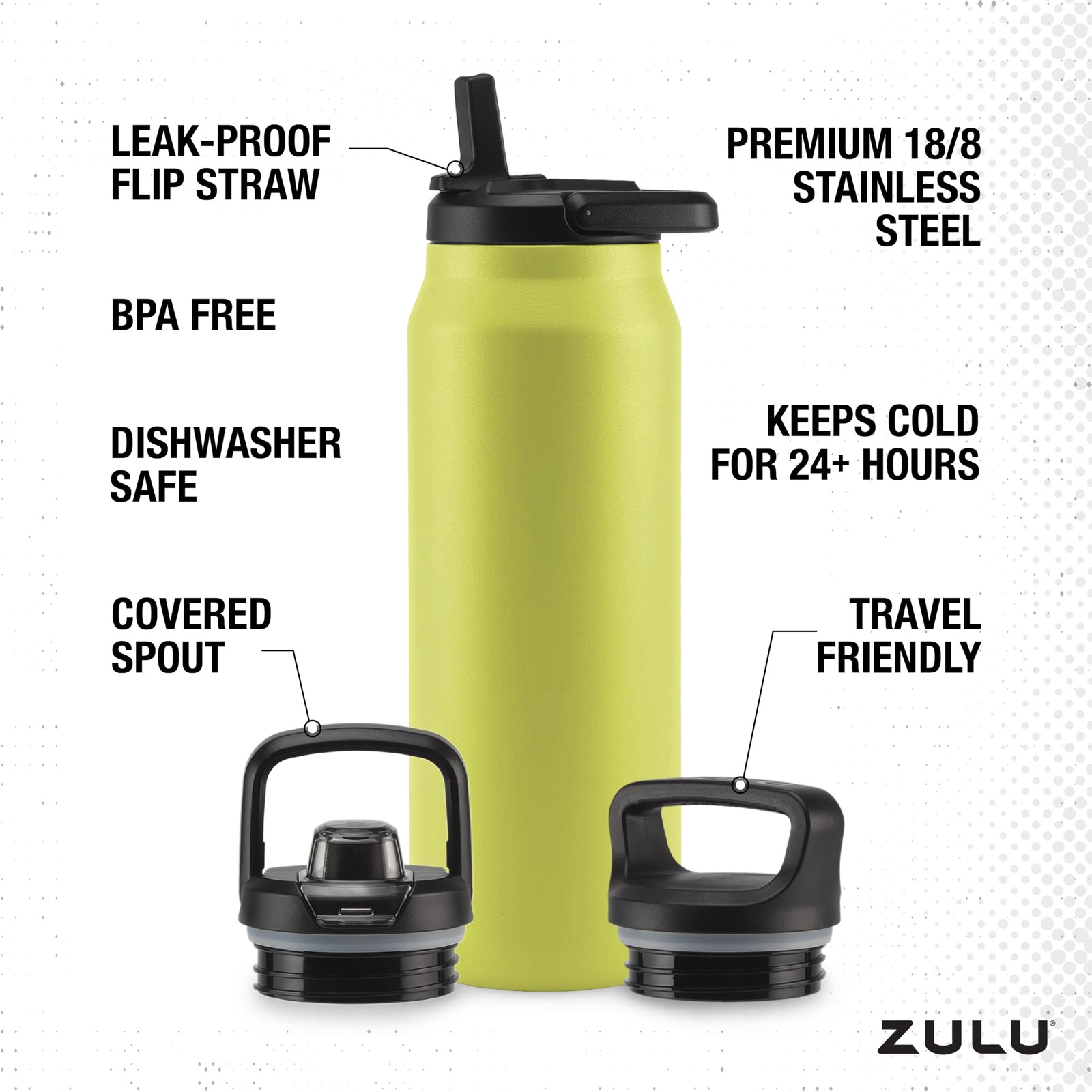 ZULU Base 40oz Stainless Steel Water Bottle with 3 Lids- 40 Ounces, Guac