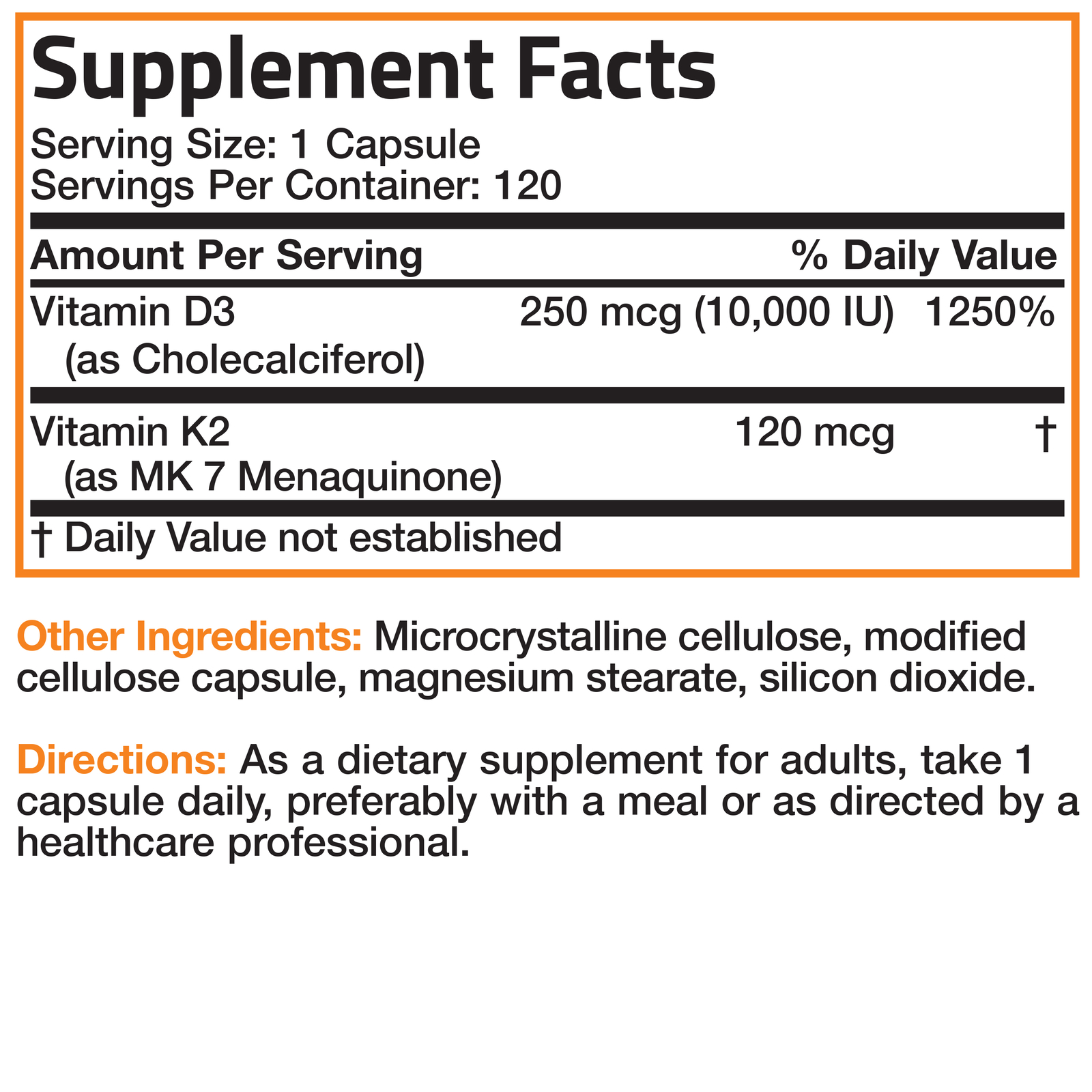 Vitamin K2 (MK7) + D3 Extra Strength Bone & Heart Health Non GMO, 120 Capsules