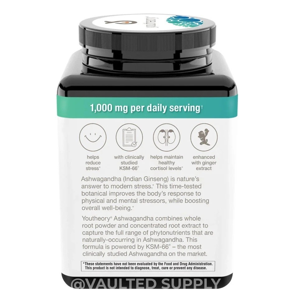 Youtheory Ashwagandha 1000 mg, 180 Vegetarian Capsules Exp: 07/27