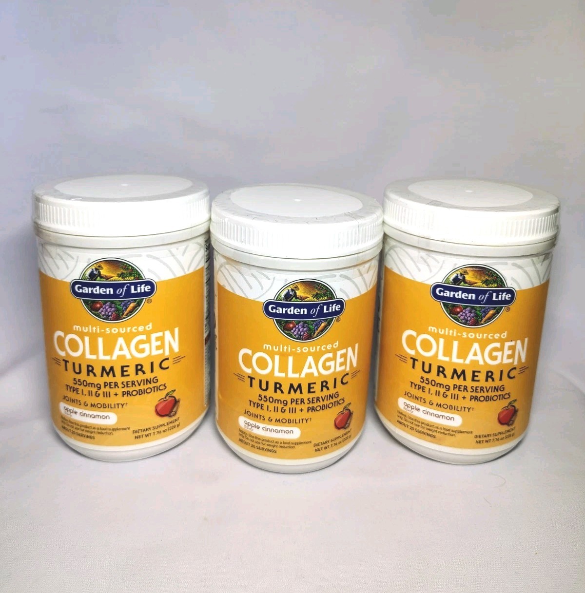 3 PACK Garden of Life Collagen Turmeric + Probiotics Apple Cinnamon 7.76oz EACH