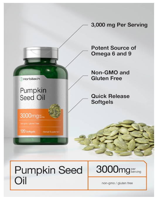 Pumpkin Seed Oil Capsules | 3000mg | 120 Softgels | Cold Pressed | by Horbaach