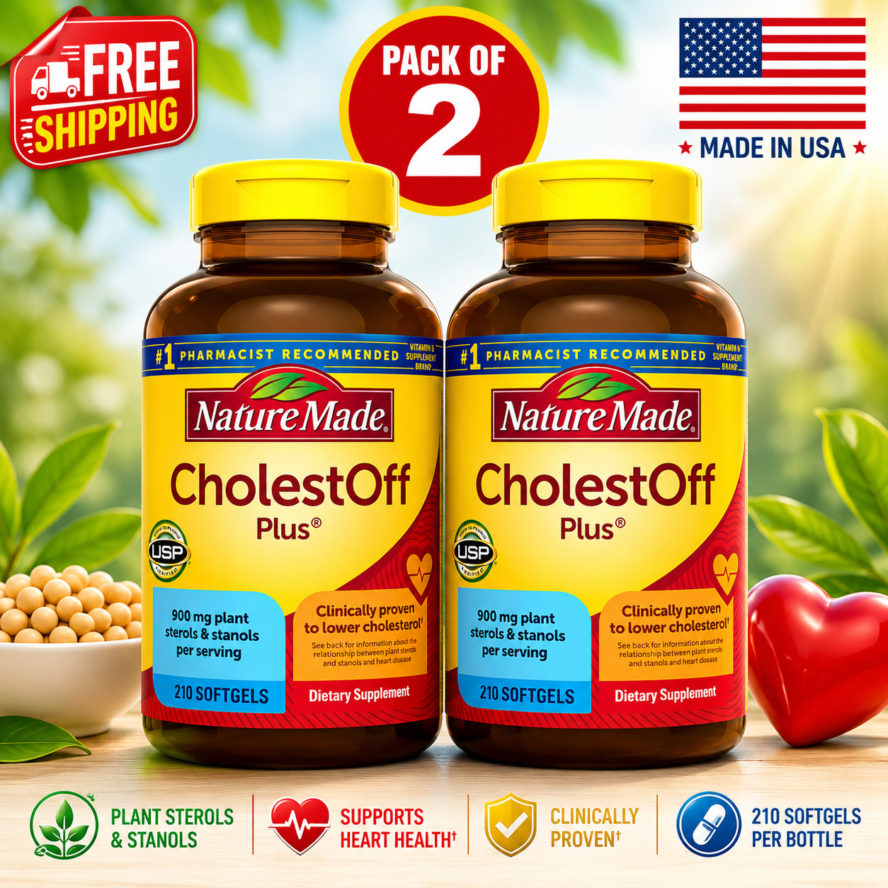 Pack of 2 Nature Made CholestOff Plus 900mg 210 Softgels EXP 03/27