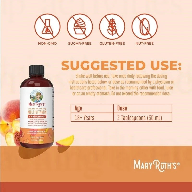 Mary Ruth’s Liquid Morning Multivitamin + Hair Growth – Peach Mango – 15 fl oz..