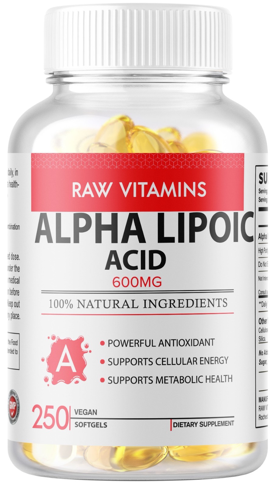 Alpha Lipoic Acid 600mg Per Serving 250 count 250 servings