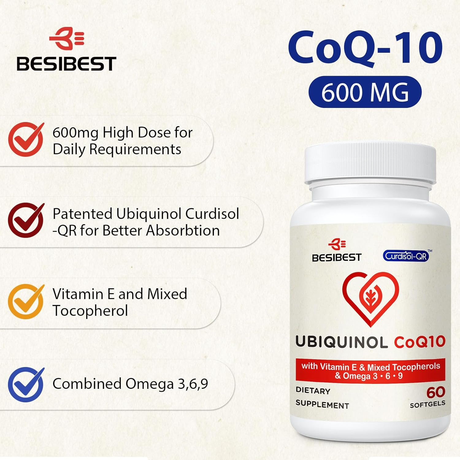 Ubiquinol Coq10-600Mg-Softgel, Active Coq10 Ubiquinol Supplement with Vitamin…