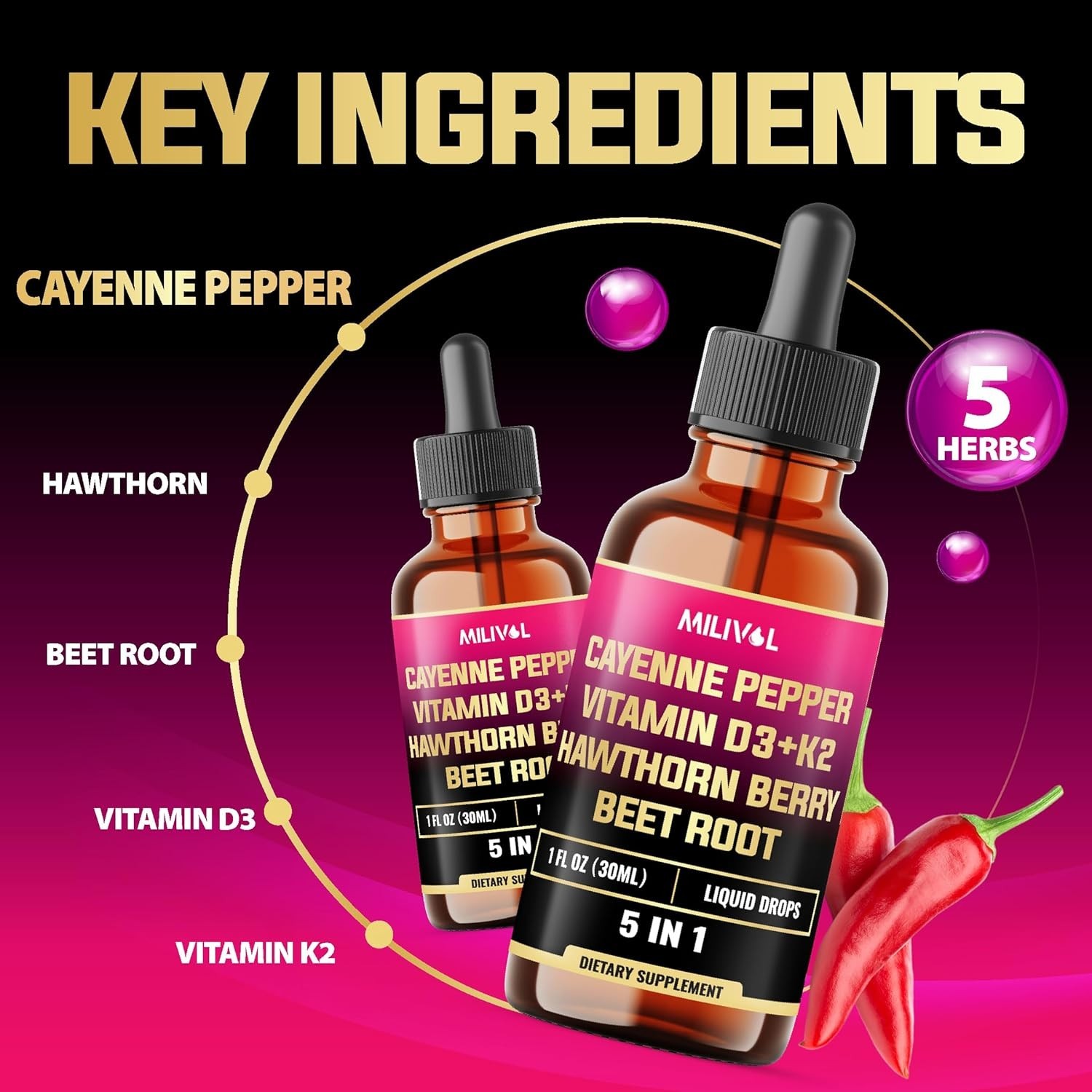 5-in-1 Cayenne Pepper Liquid Drops with Hawthorn & Beet Root – 60 Days Supply