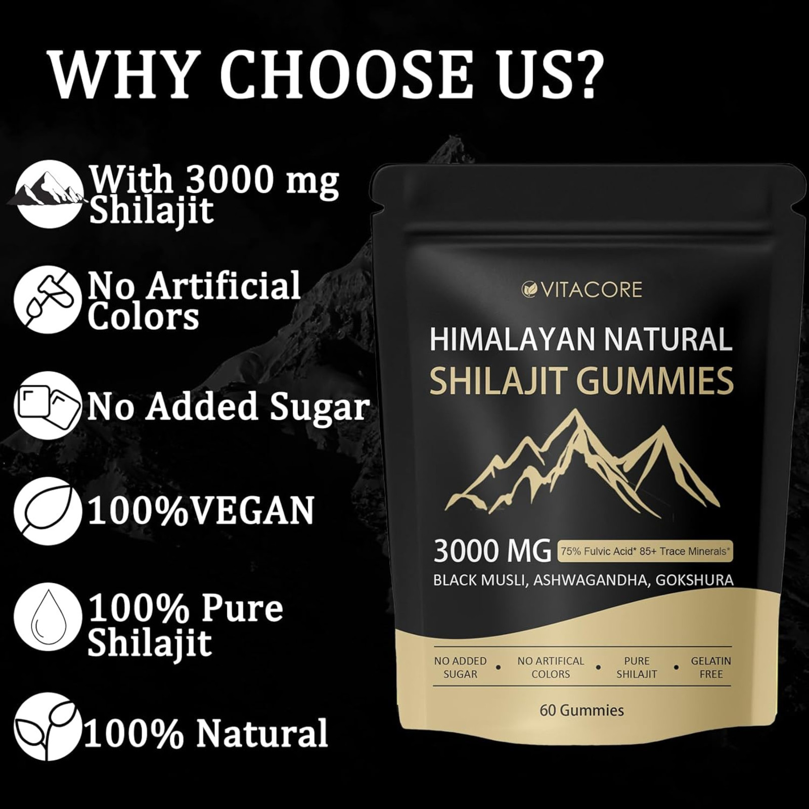 vitadrive Himalayan Shilajit Gummies for Men & Women, Gluten-Free, 60 Gummies