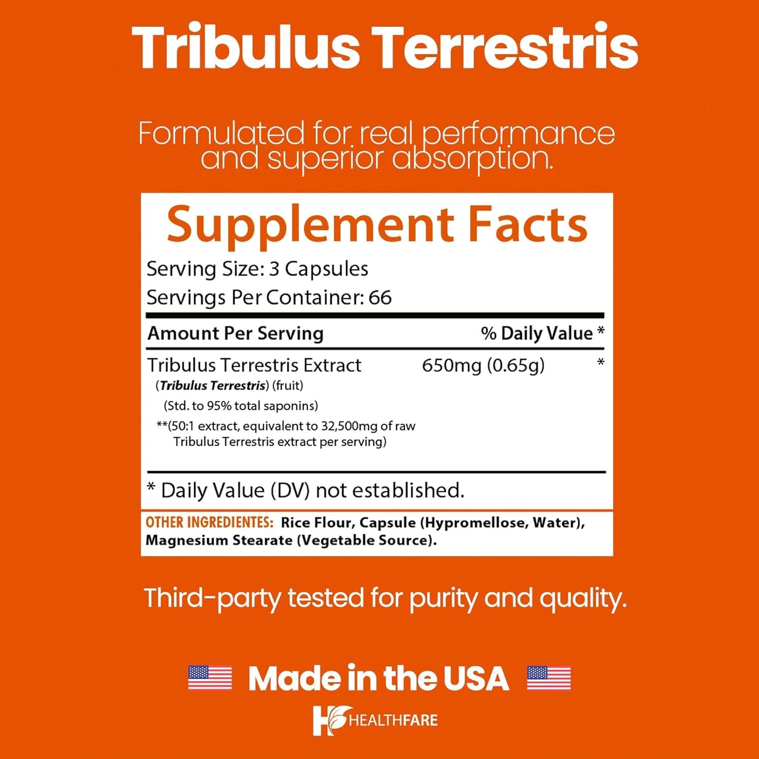 Healthfare Tribulus Terrestris 32,500mg 200 Caps High Potency Herbal Supplements