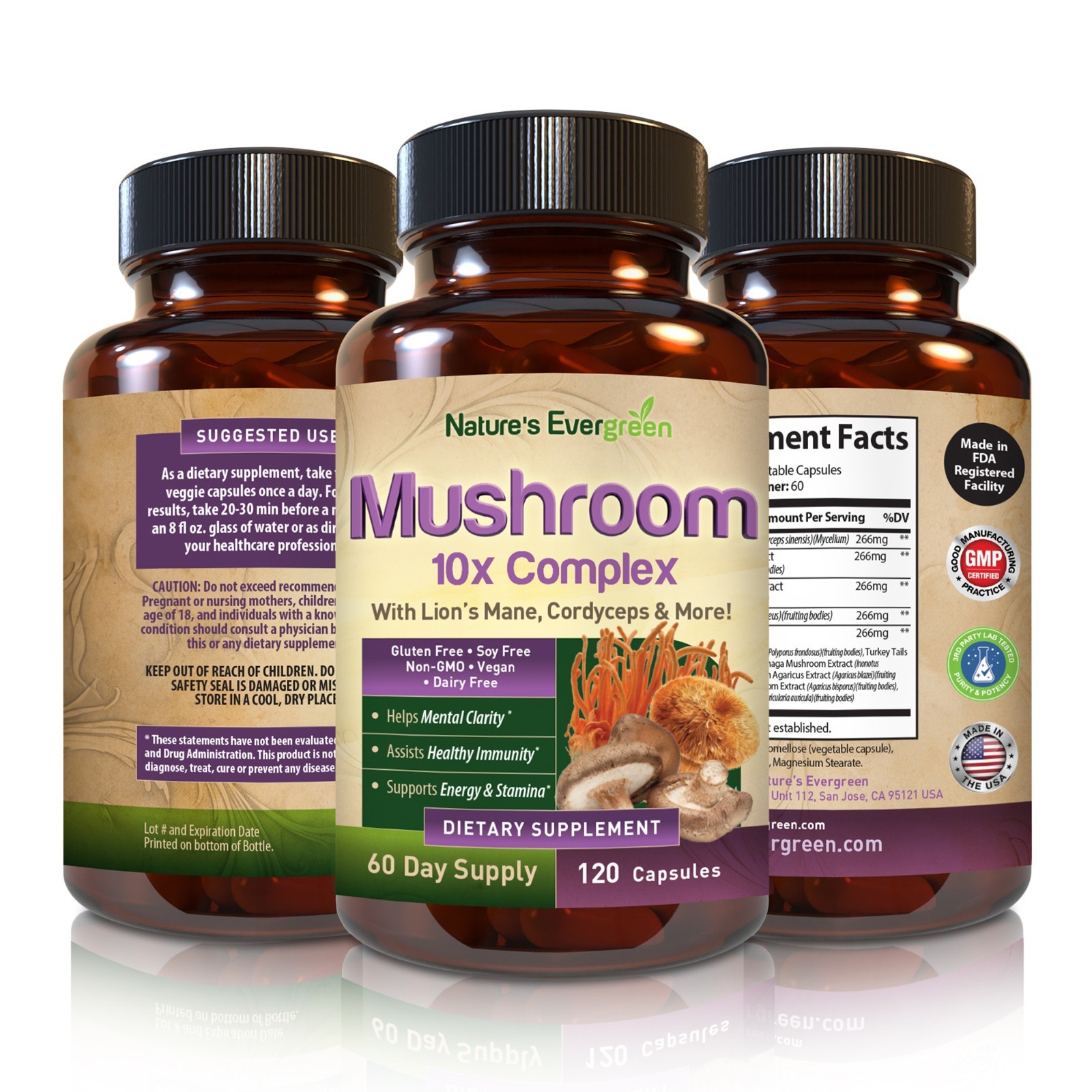 10x Mushroom Complex Supplement, Lions Mane, Reishi, Shiitake, 60 Day – 120ct
