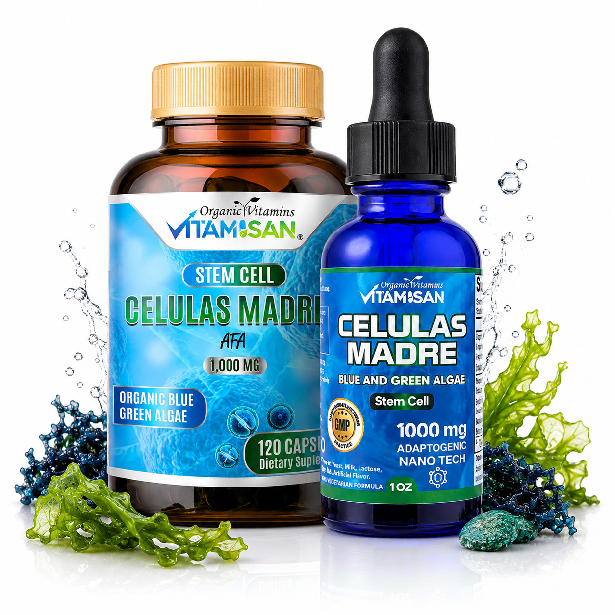 Celulas Madres Stem Cell 2 Pack Blue Green Algae AFA Spirulina Drops Caps Inmune