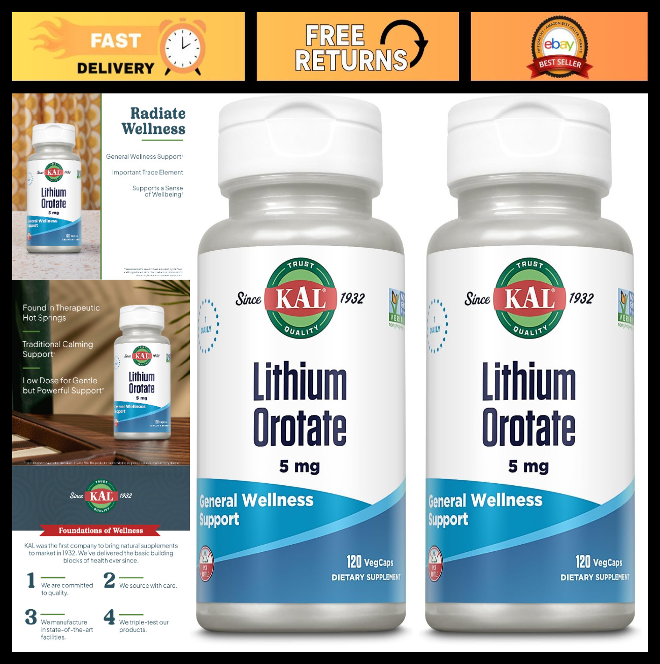 Lithium Orotate 5mg – Chelated Mood Support Supplement, 120 VegCaps x2, Bioavail