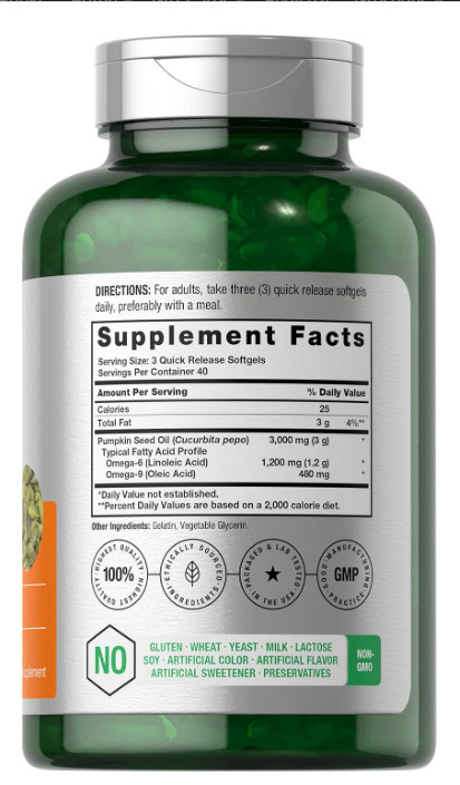 Pumpkin Seed Oil Capsules | 3000mg | 120 Softgels | Cold Pressed | by Horbaach