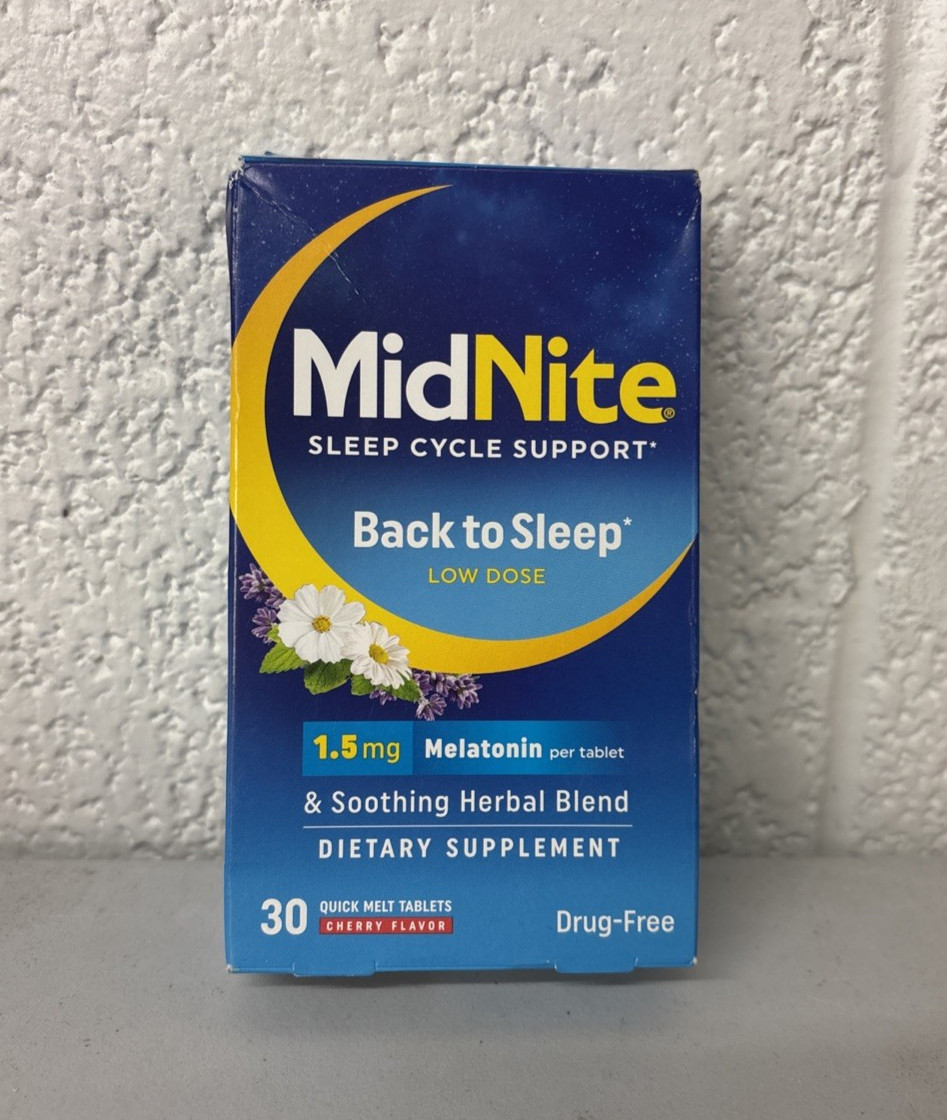 MidNite Sleep Support low dose 1.5mg Melatonin + Herbs 30 Cherry tablets Ex:5/27