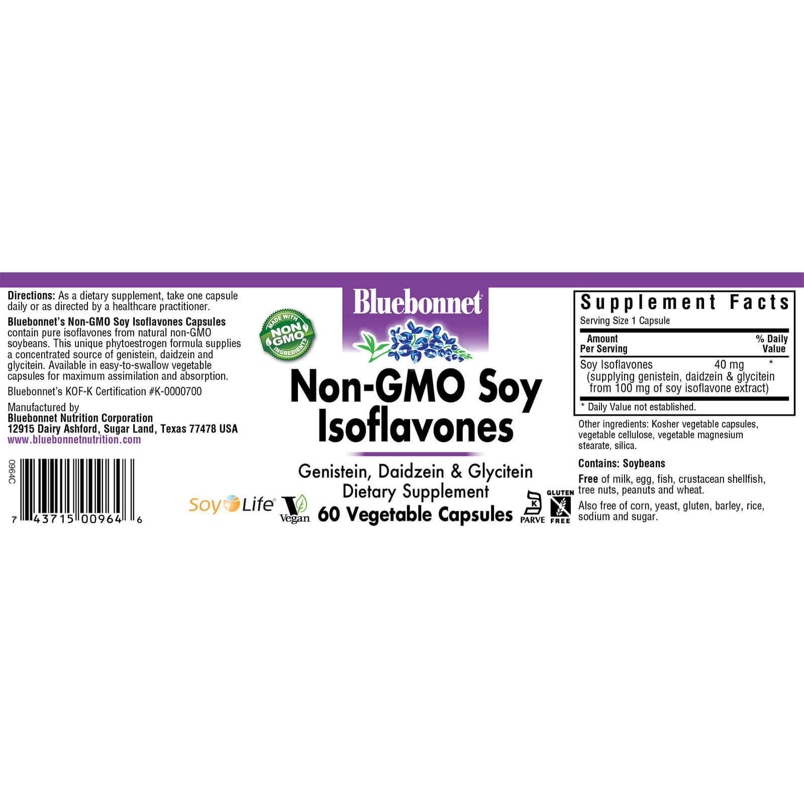 Bluebonnet Non-Gmo Soy Isoflavones 60 Vegetable Capsules, Endocrine Support