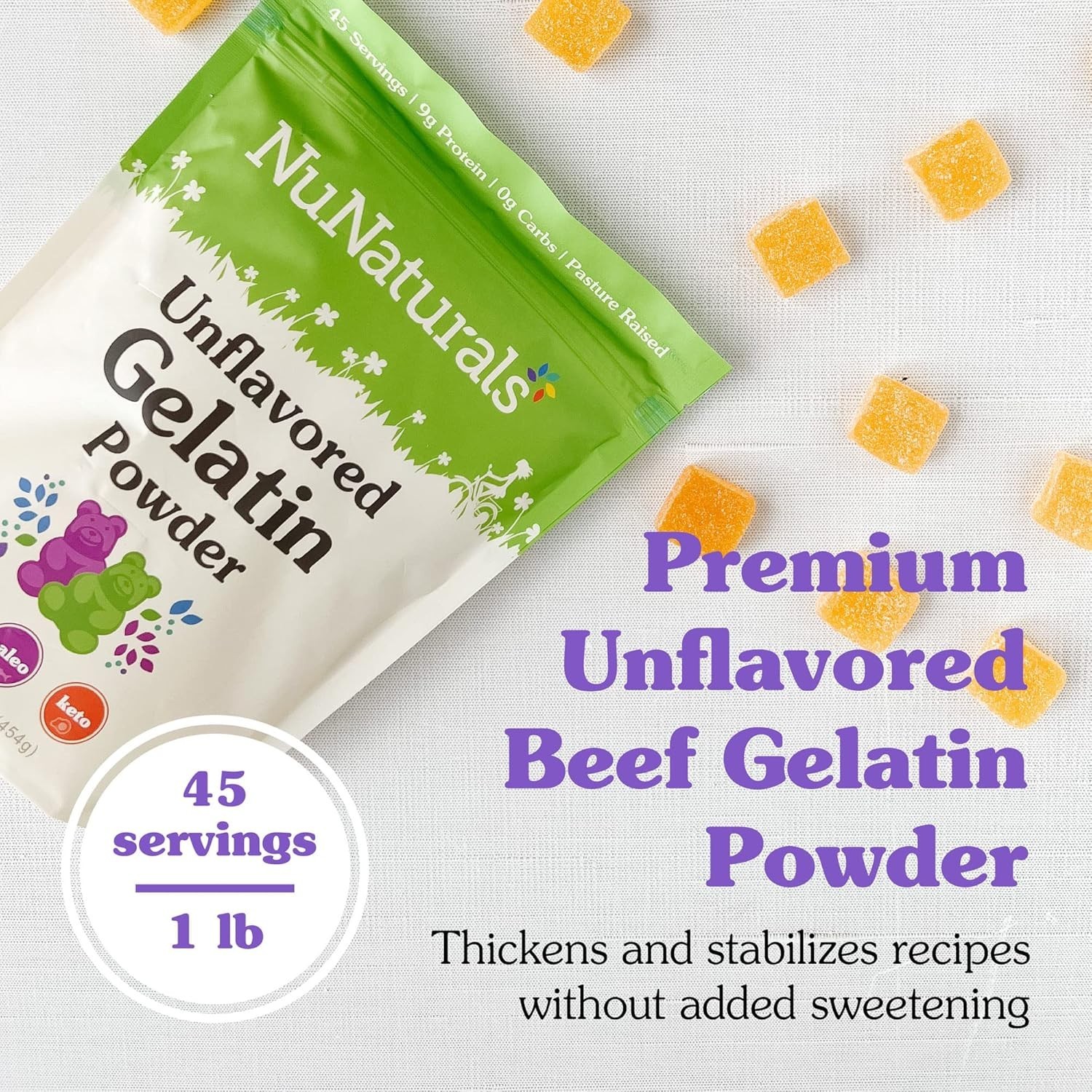 NuNaturals Unflavored Beef Gelatin Powder Keto Paleo Gluten Free Protein 1 lb