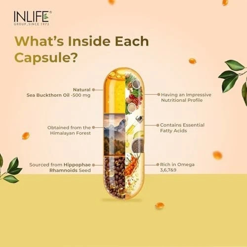 INLIFE Sea Buckthorn Oil 500mg 30 Liquid Filled Veg Capsules Pack of 1 Omega FS