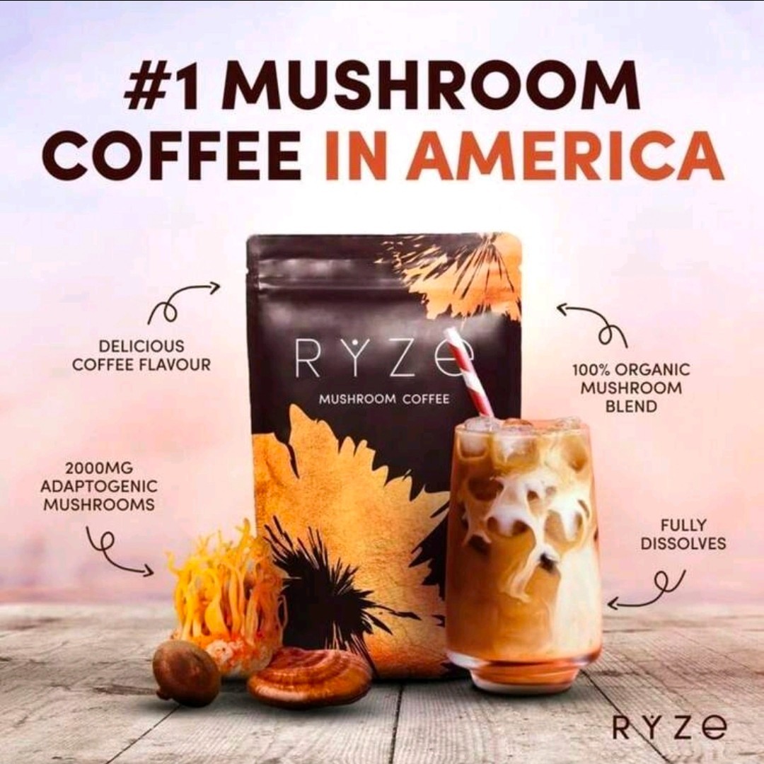 RY-ZE Organic Mushroom Coffee (30 Servings) | 6 Adaptogens + MCT Oil,
