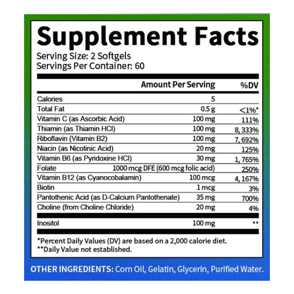 Vitamin B Complex 120 Capsules B1,B2,B3,B5,B6,B7,B9,B12, Immune Support Pills