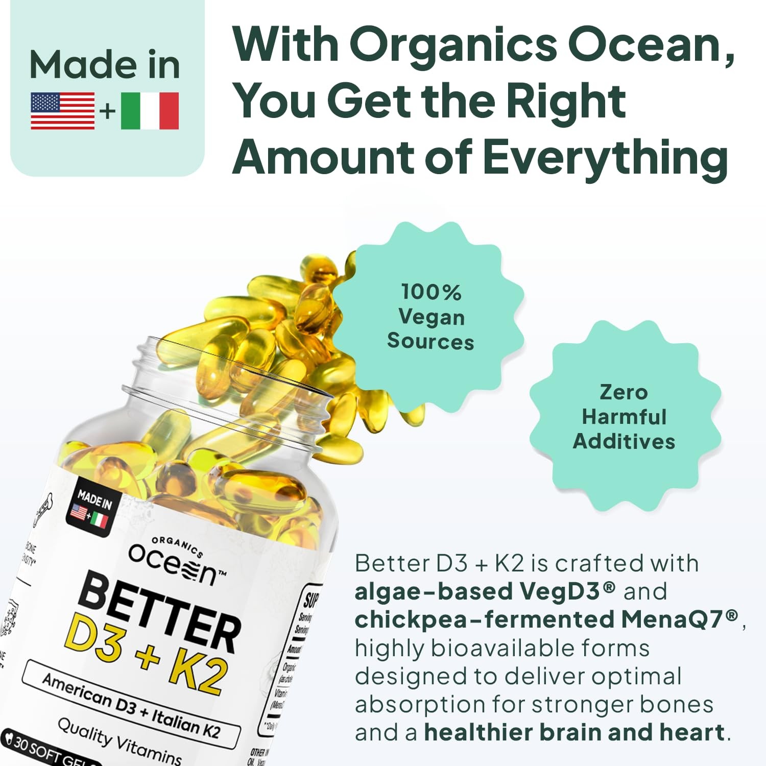 Organics Ocean Better D3 + K2-100% Organic VIT and K2 30 Count (Pack of 1)