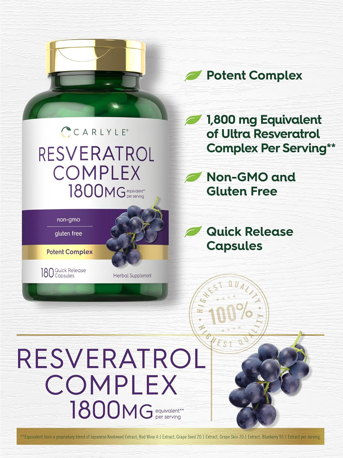 Resveratrol Complex – 180 Capsules – Trans Resveratrol Supplement with Grape See