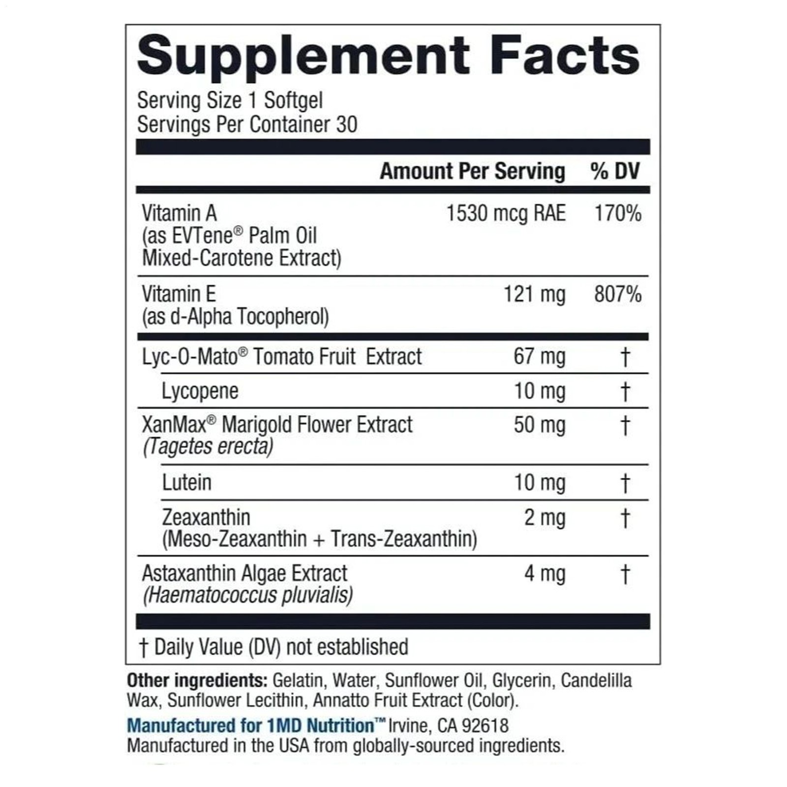 “Advanced Nutrition 1MD Vision MD Eye Vitamin CARMIS Eye Supplement 30 Softgels-