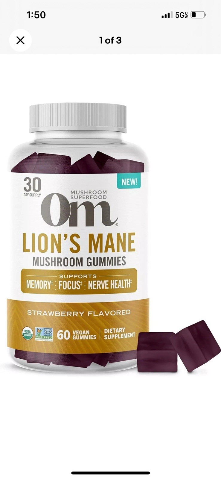 OM Mushroom Superfood, Lion’s Mane Gummies, Memory, Focus, Clarity, Nerve Health