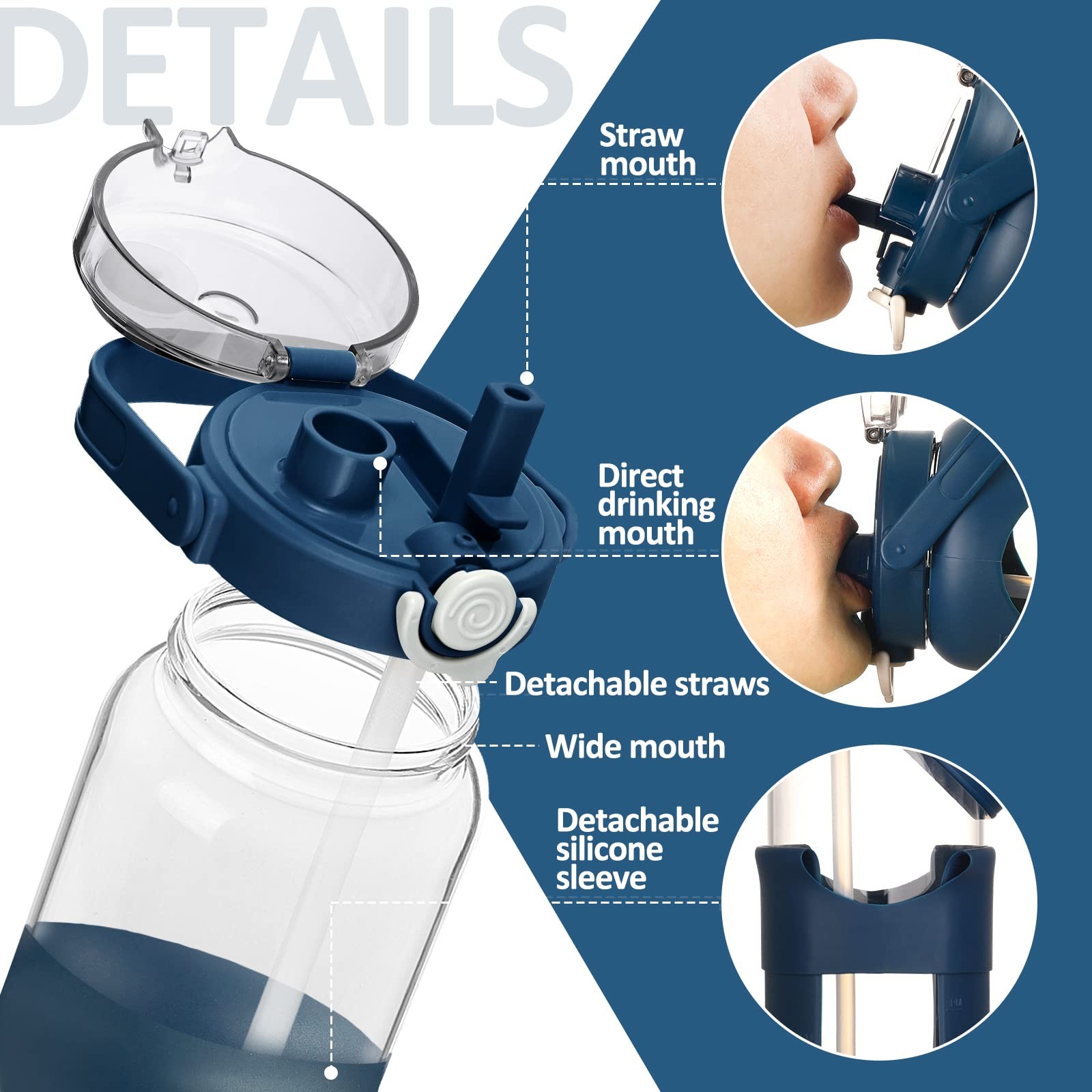 BLUEGO 64oz Glass Water Bottles with Straw Time Marker 64 Ounces, Dark Blue