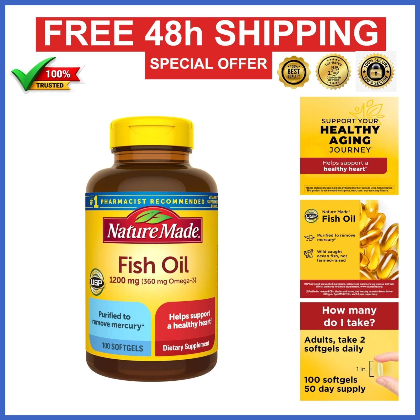 Nature Made Fish Oil Omega 3 Supplements, 1200mg Softgels, 100 Count