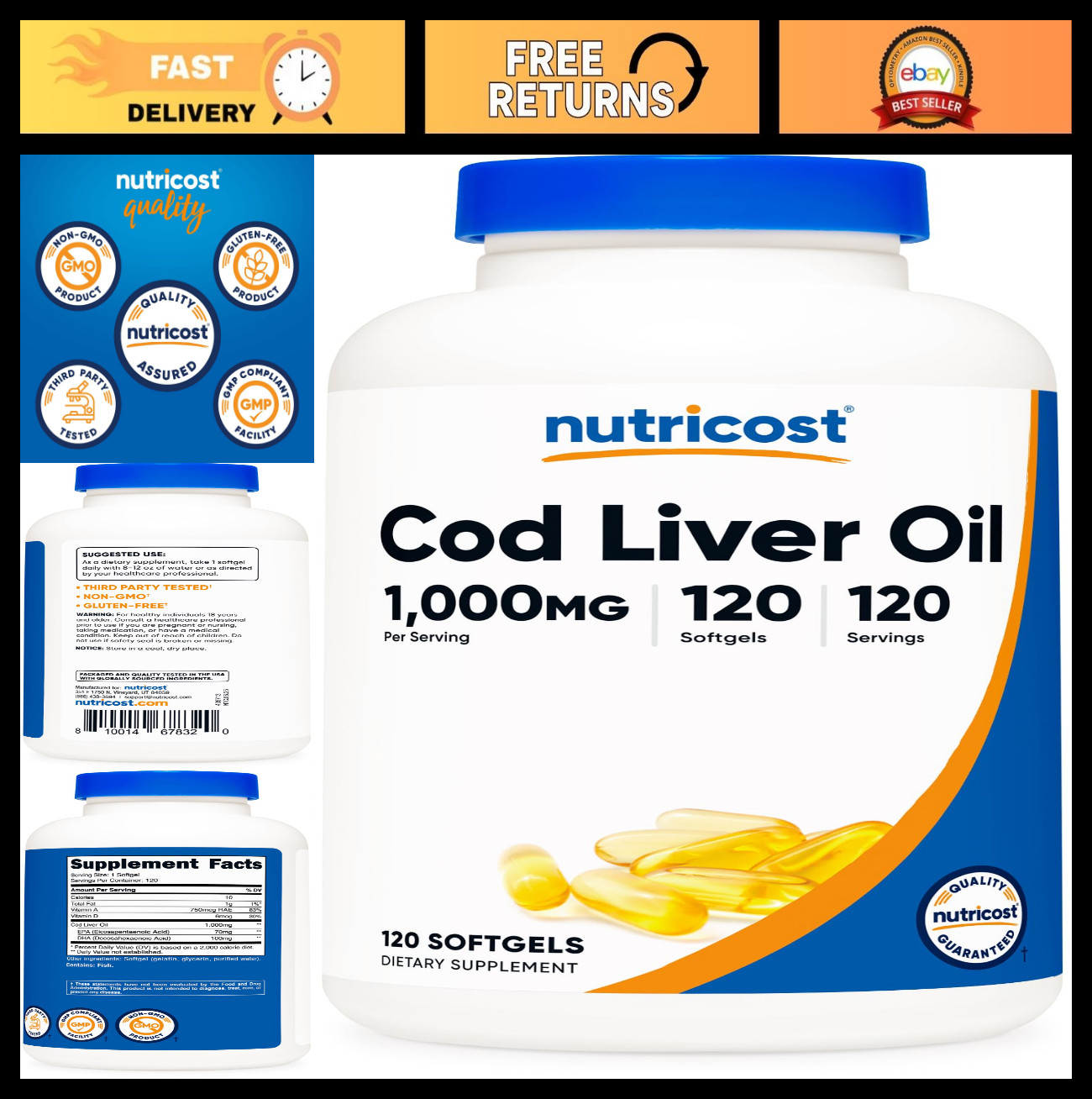 Cod Liver Oil 1000mg – 120 Softgels, Non-GMO, Gluten-Free, Omega-3 Supplement