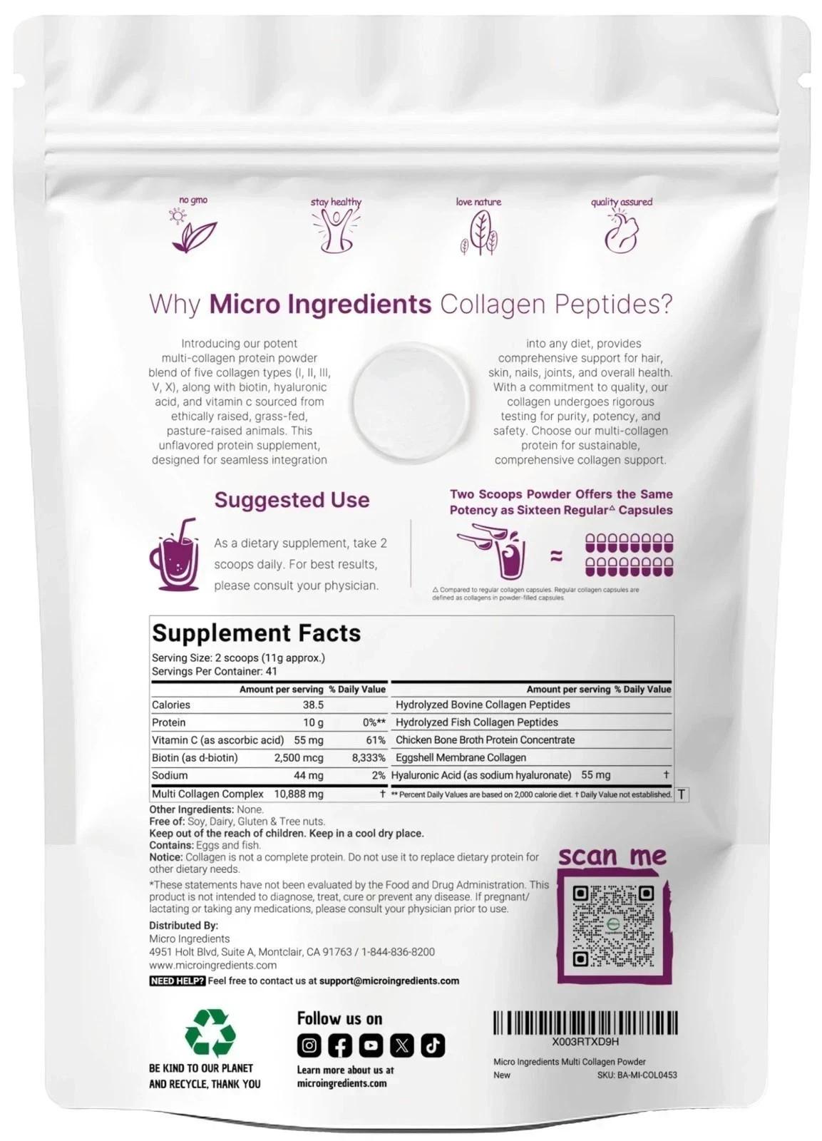 Multi Collagen Peptides Powder–Hydrolyzed Protein with Type I, II, III, V, X 1LB