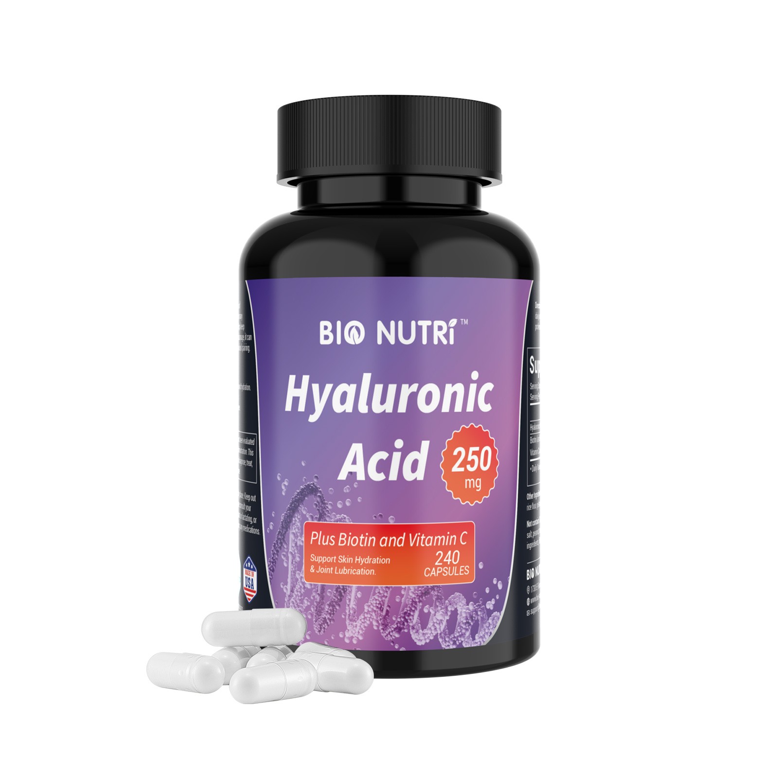 Hyaluronic Acid Capsules + Vitamin C Biotin 250mg 240 Capsules Skin Hydration US