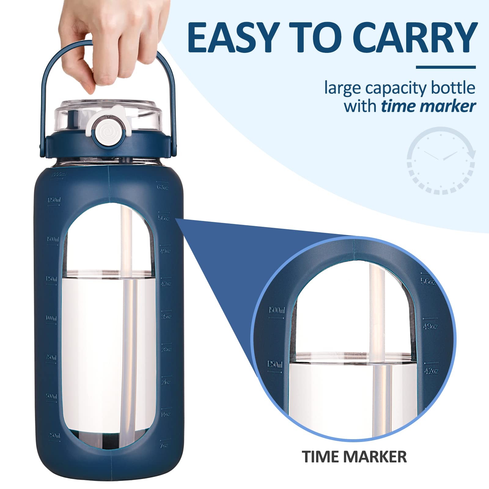 BLUEGO 64oz Glass Water Bottles with Straw Time Marker 64 Ounces, Dark Blue