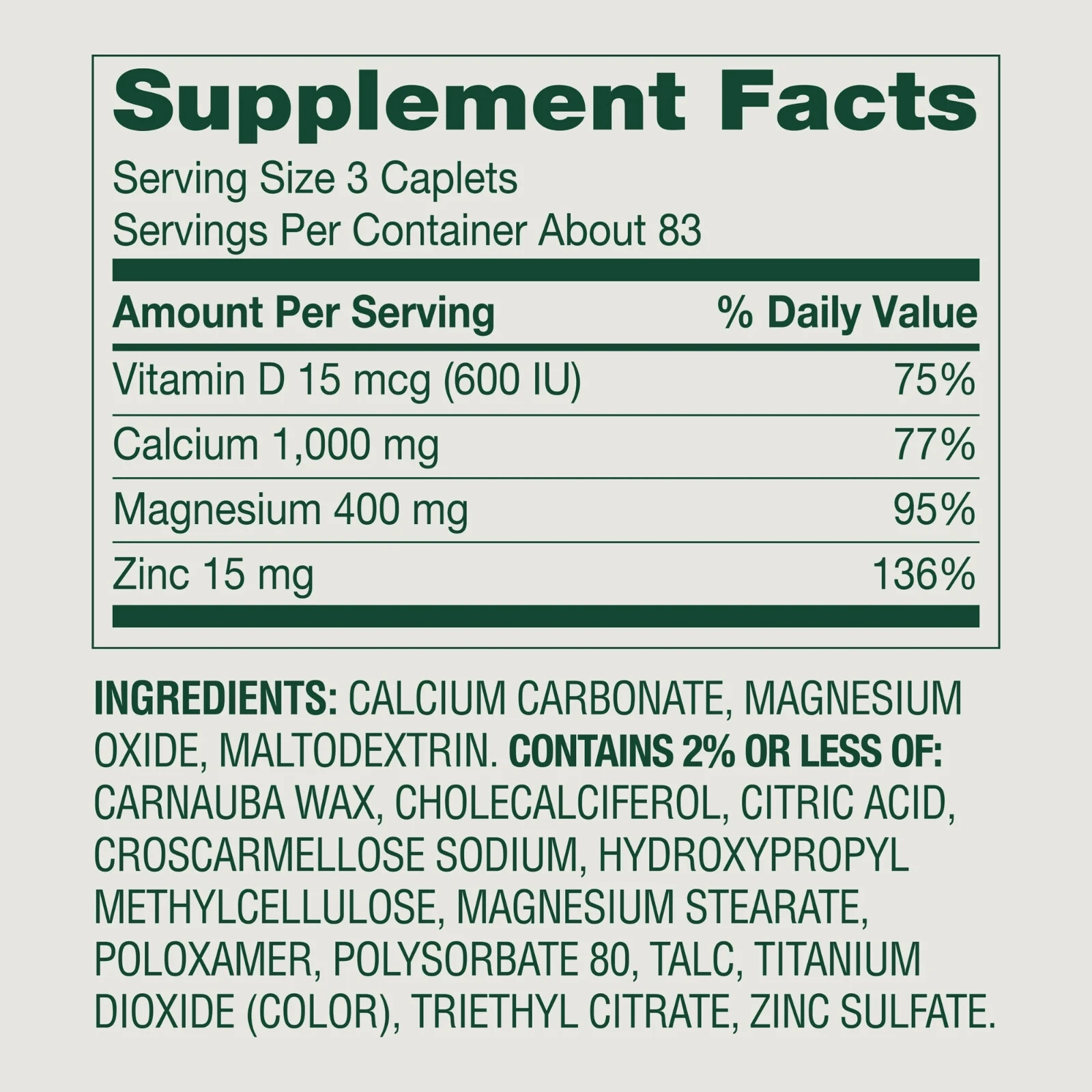Spring Valley Calcium Magnesium and Zinc Dietary Supplement – 250 Caplets