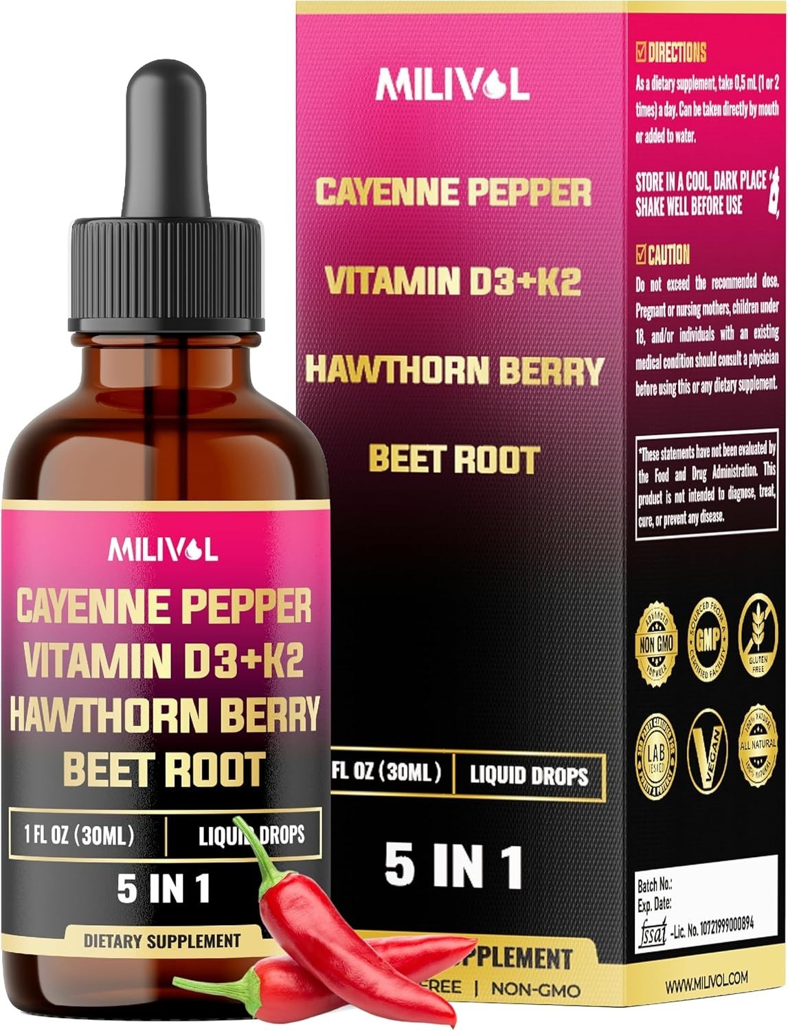 5-in-1 Cayenne Pepper Liquid Drops with Hawthorn & Beet Root – 60 Days Supply