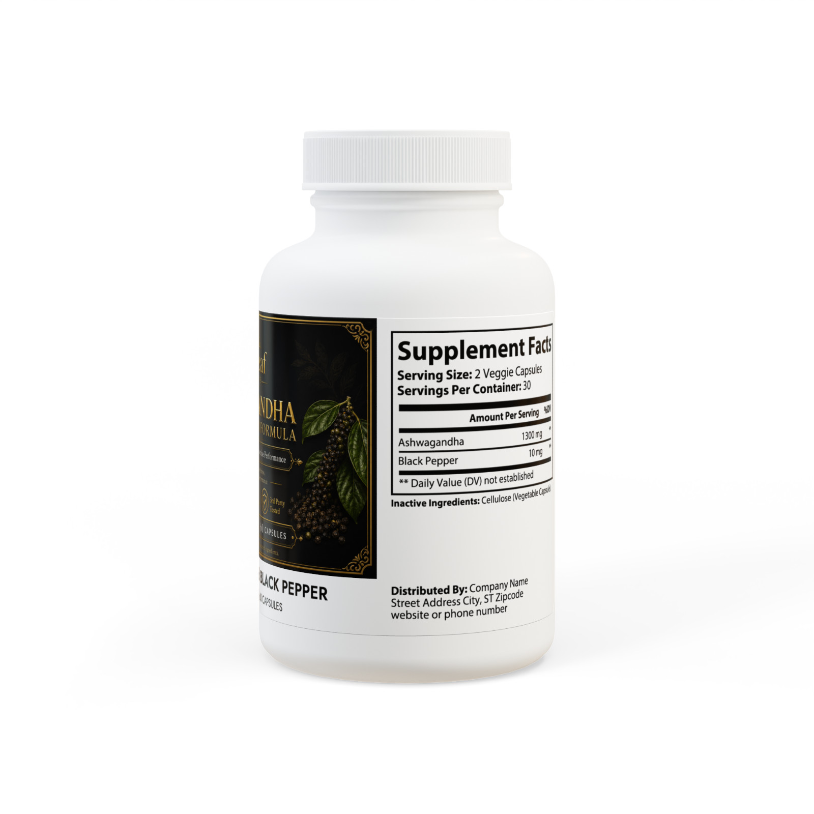 Ashwagandha Black Pepper Formula 60 Capsules Stress Support Vegan Non-GMO