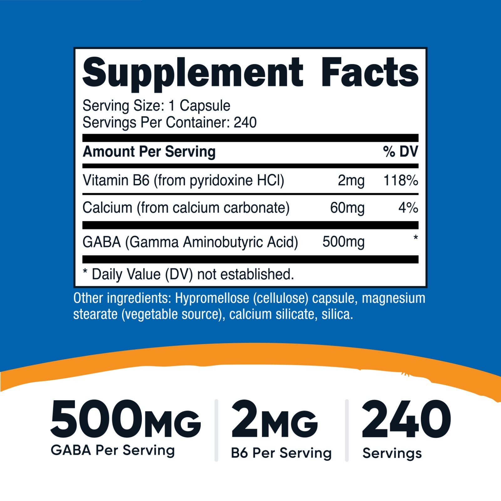 Nutricost GABA (Gamma Aminobutyric Acid) 500mg + Vitamin B6 2mg, 240 Capsules