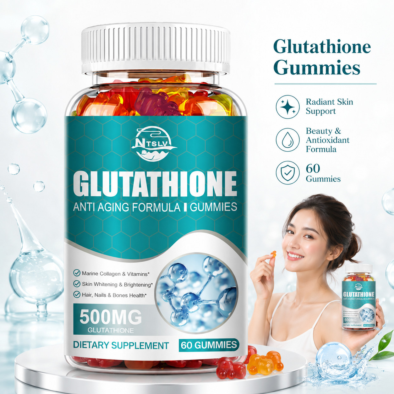 Glutathione 500mg 60 Gummies Skin Radiance Antioxidant Supplement