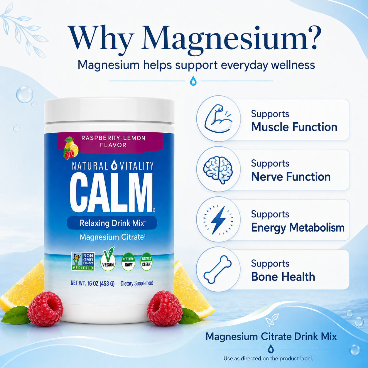 Natural Vitality CALM Magnesium Citrate Powder Drink Mix Raspberry Lemon 16oz