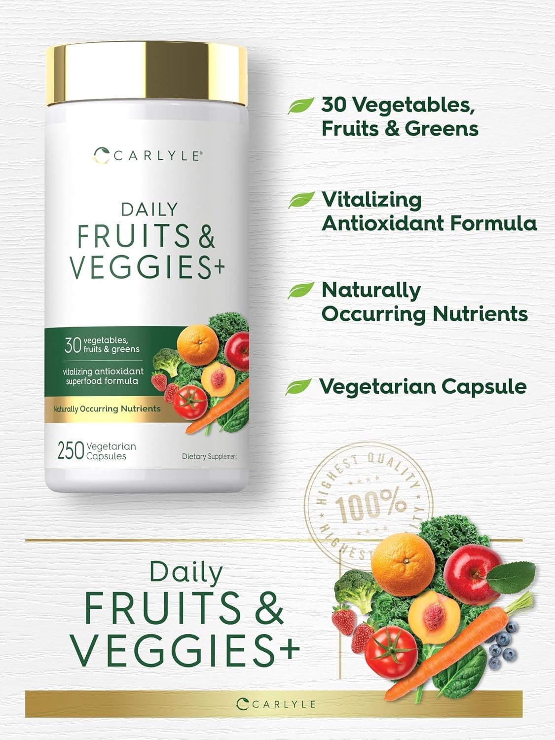 Non-GMO Gluten Free Supplement – 250 Capsules of Fruits & Vegetables