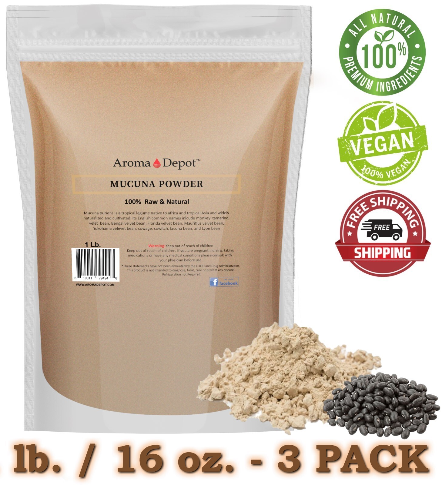 1 lb. Mucuna Pruriens Bean Extract Powder Haba del Terciopelo Raw (1 lb x 3)