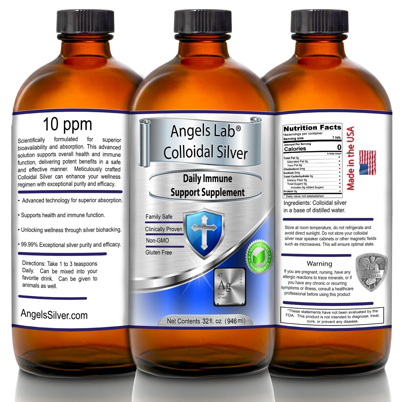 Colloidal Silver 32 oz 10ppm Glass Angels Lab