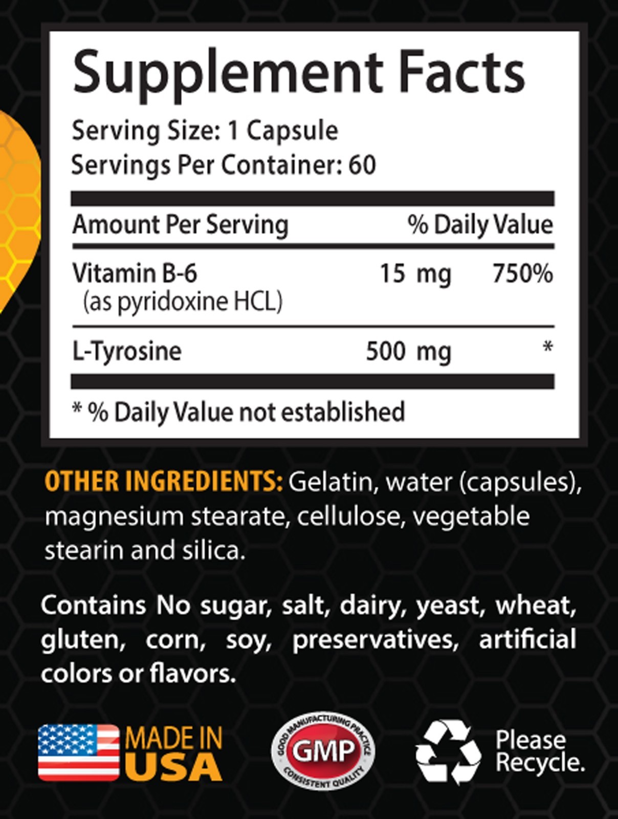 stress relief pills – L-Tyrosine 500mg – memory support – 1 Bottle