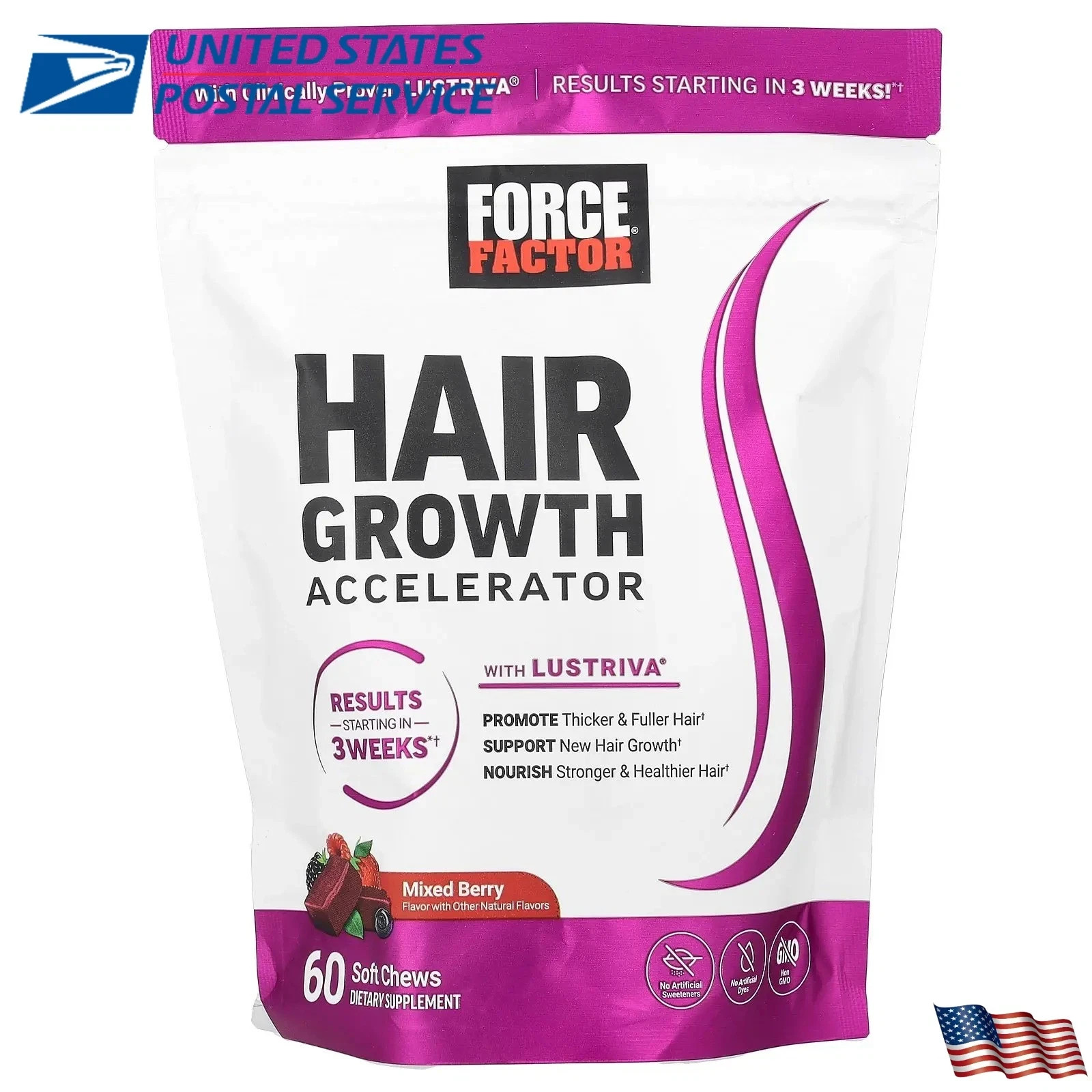 Force Factor Hair Growth Accelerator, Mixed Berry, 60 Soft Chews Free Shipping ！