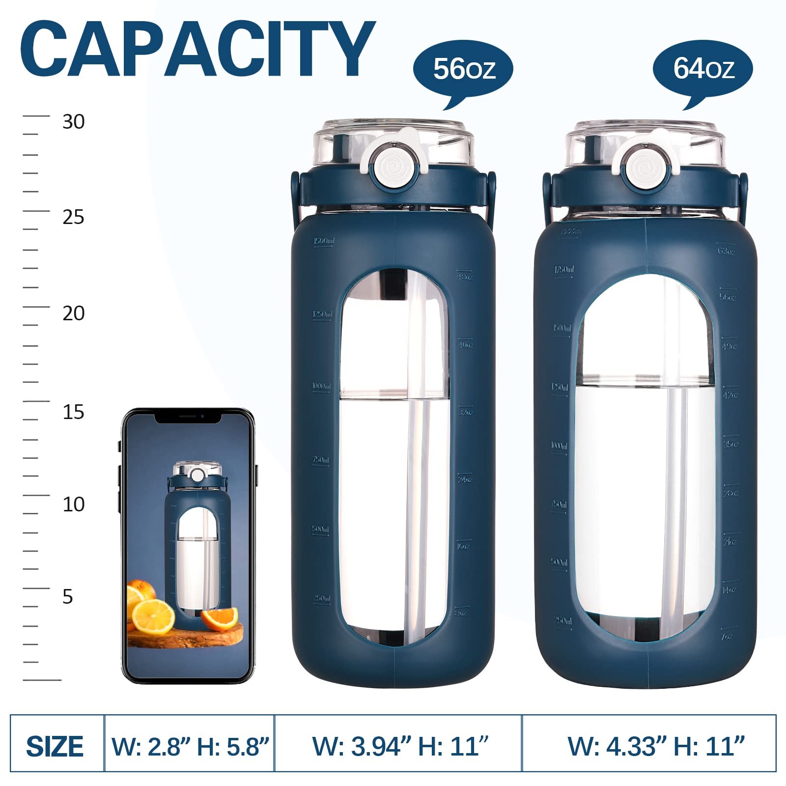 BLUEGO 64oz Glass Water Bottles with Straw Time Marker 64 Ounces, Dark Blue