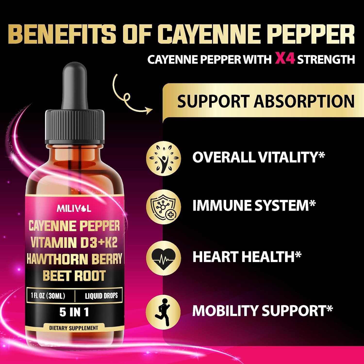 5-in-1 Cayenne Pepper Liquid Drops with Hawthorn & Beet Root – 60 Days Supply