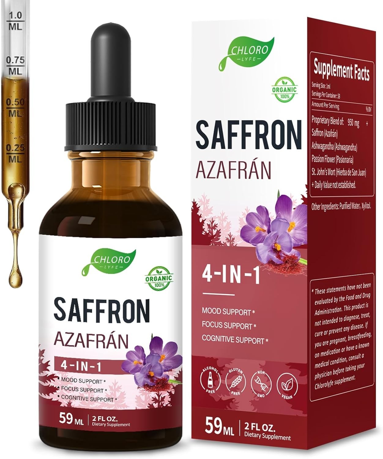 CHLOROLYFE Herbal Drops ~ 4-In-1 Saffron (Crocus sativus) Extract ~ Mood Support