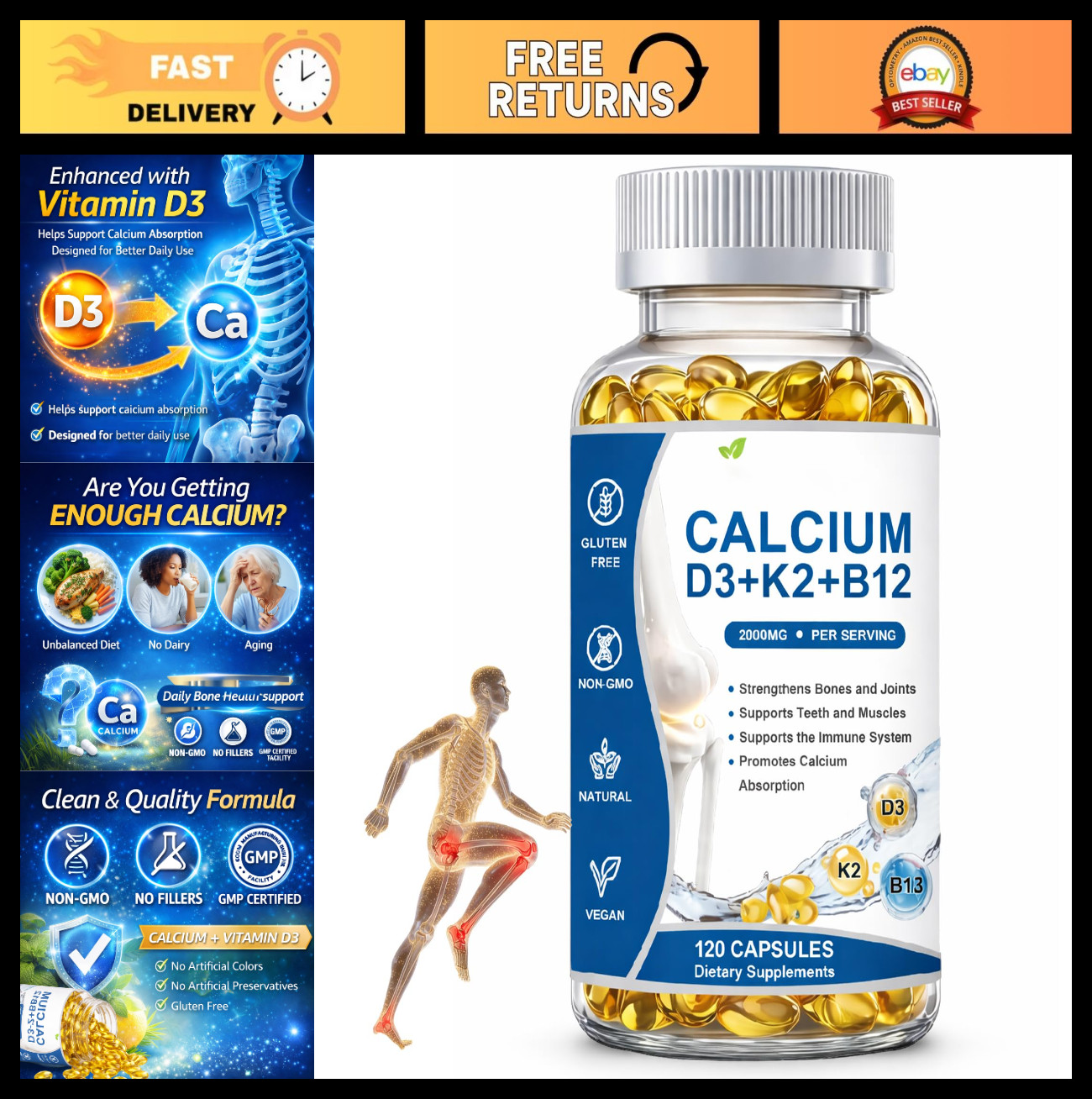 Calcium D3 K2 B12 Softgels 2000mg – Strengthen Bones & Teeth, Boost Energy, Non-